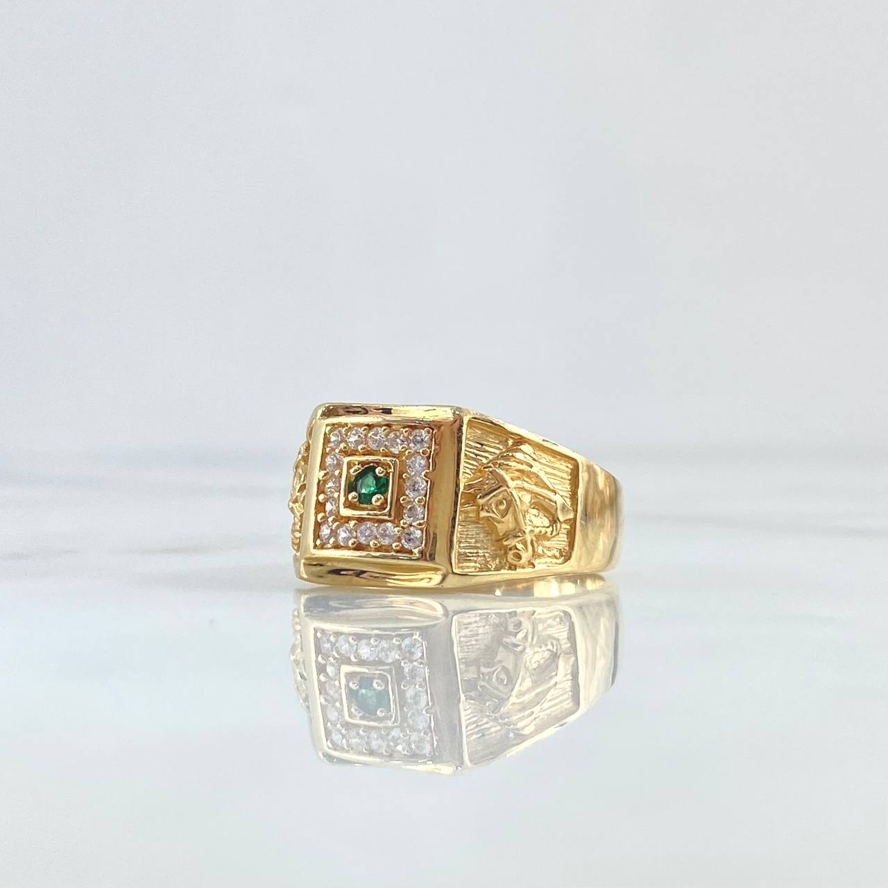 Horse Frame Ring 9.8gr / T10 1/4 / White Zircons Green 18K Yellow Gold ©
