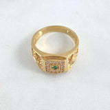 Horse Frame Ring 9.8gr / T10 1/4 / White Zircons Green 18K Yellow Gold ©