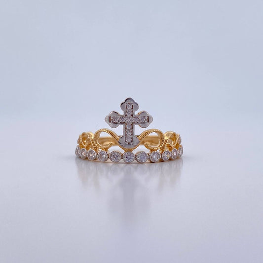 Crown Cross Ring 2.45gr / Size 6 / White Zircons Two-tone 18K Yellow and White Gold &