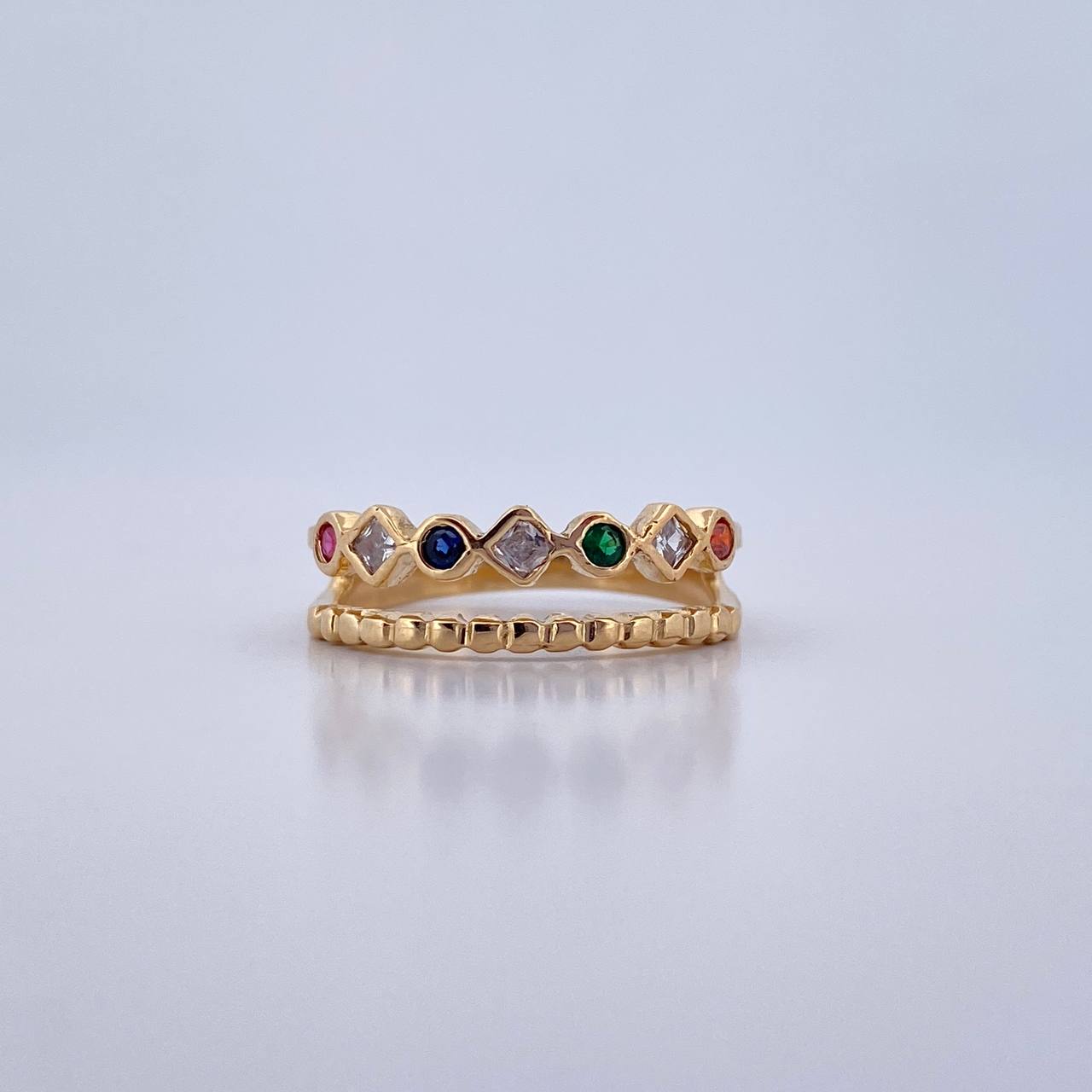 Double Line Ring 3.35gr / Size 7 / Fuchsia Blue Green Orange White Zircons 18K Yellow Gold &