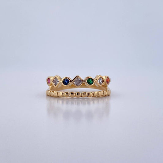 Double Line Ring 3.35gr / Size 7 / Fuchsia Blue Green Orange White Zircons 18K Yellow Gold &