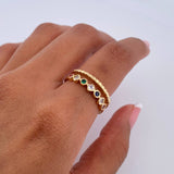 Double Line Ring 3.35gr / Size 7 / Fuchsia Blue Green Orange White Zircons 18K Yellow Gold &