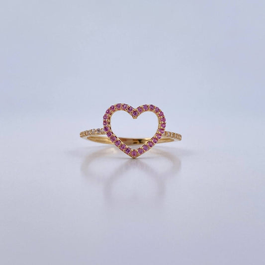 Heart Silhouette Ring 1.55gr / Size 7 1/4 / White and Pink Zircons 18K Yellow Gold &