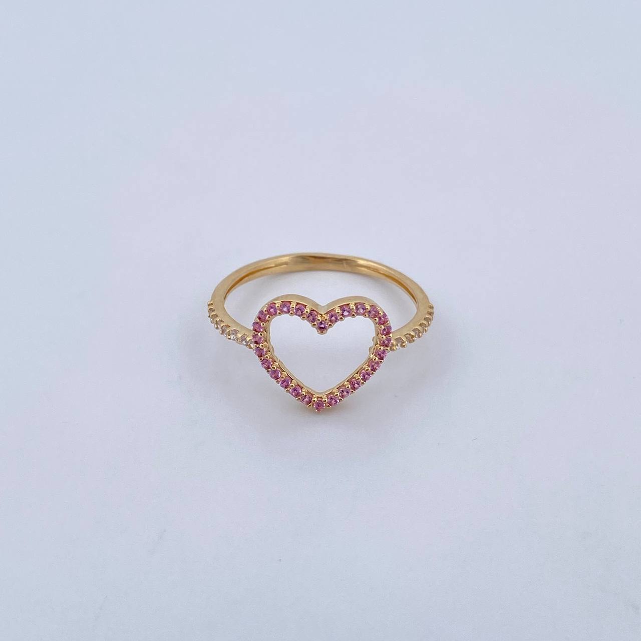 Heart Silhouette Ring 1.55gr / Size 7 1/4 / White and Pink Zircons 18K Yellow Gold &