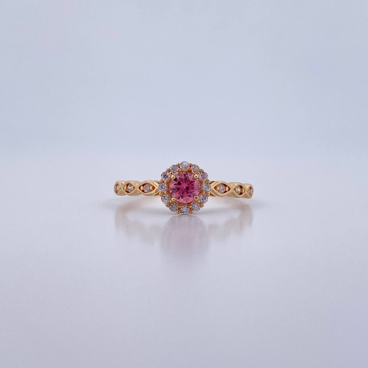 Ring Solitaire Halo 1.8gr / T7 1/4 / Pink and White Zircons 18K Yellow Gold &