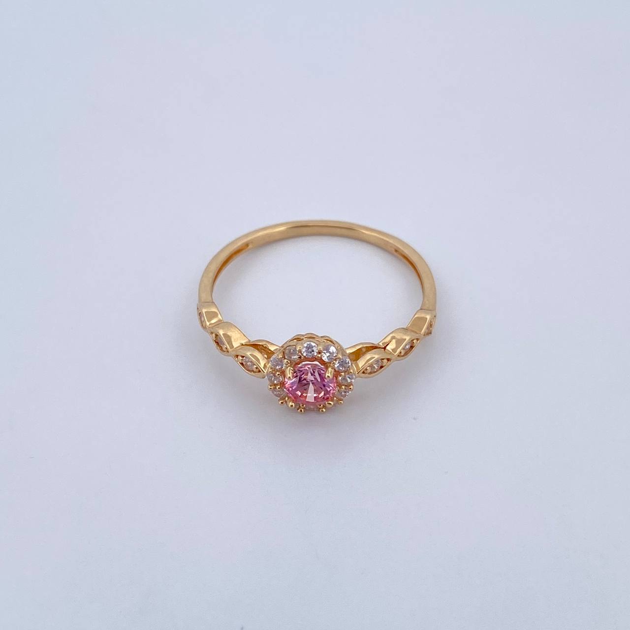 Ring Solitaire Halo 1.8gr / T7 1/4 / Pink and White Zircons 18K Yellow Gold &
