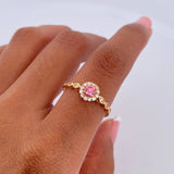 Ring Solitaire Halo 1.8gr / T7 1/4 / Pink and White Zircons 18K Yellow Gold &