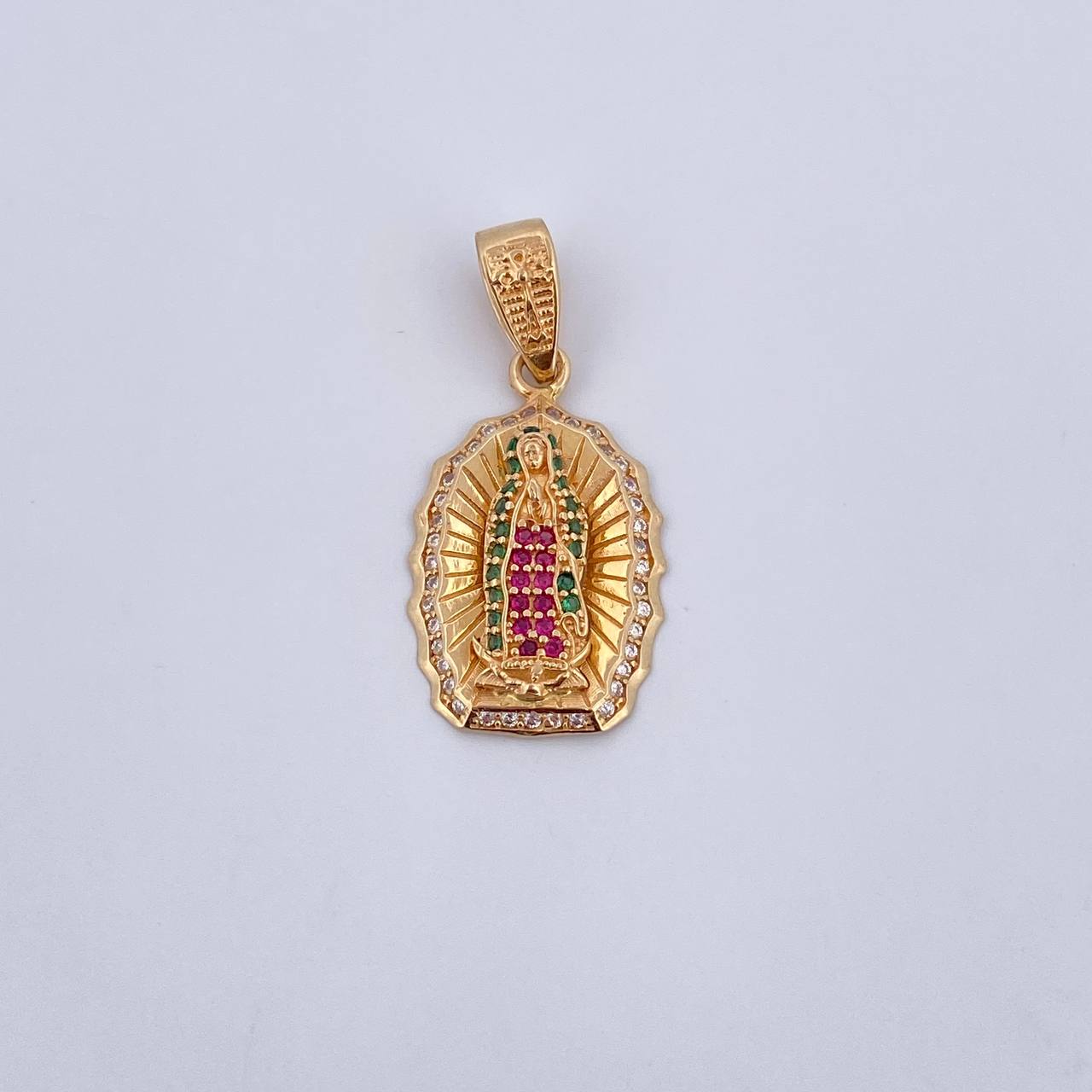 Pendant Virgin Guadalupe 3.2gr / 3cm / Fuchsia Green White Zircons 18K Yellow Gold &