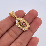 Pendant Virgin Guadalupe 3.2gr / 3cm / Fuchsia Green White Zircons 18K Yellow Gold &