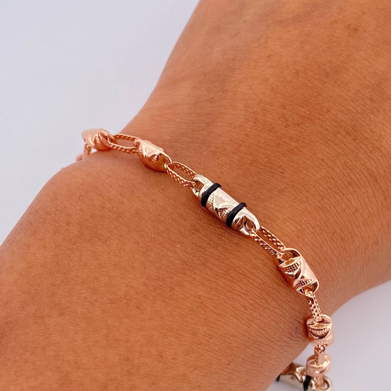 Bracelet Barrel 4.75gr / 21cm / 4mm Black Rubber Two White Rose Gold 18K &