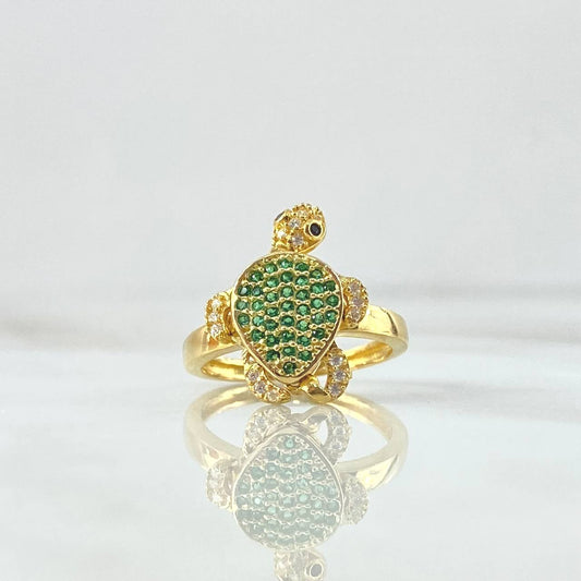 Turtle Ring 3.4gr / T5 1/4 / White Zircons - Green - Black Eyes 18K Yellow Gold