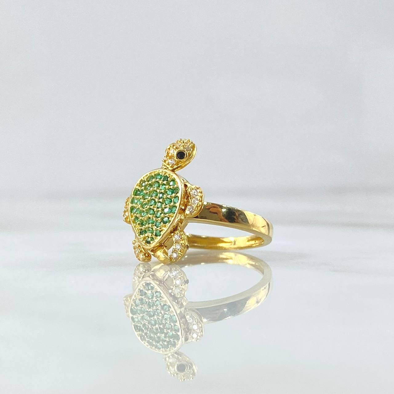 Turtle Ring 3.4gr / T5 1/4 / White Zircons - Green - Black Eyes 18K Yellow Gold