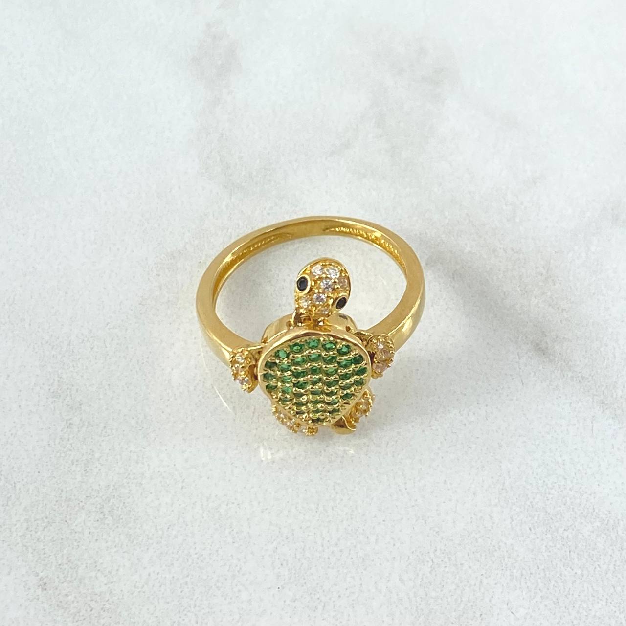 Turtle Ring 3.4gr / T5 1/4 / White Zircons - Green - Black Eyes 18K Yellow Gold