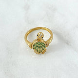 Turtle Ring 3.4gr / T5 1/4 / White Zircons - Green - Black Eyes 18K Yellow Gold