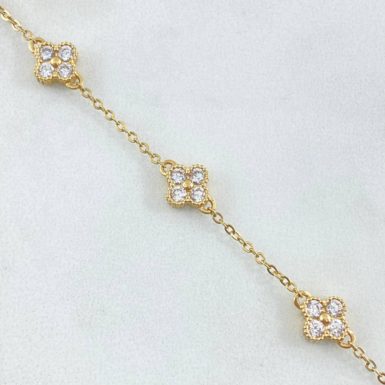 Bracelet Followed Ring Flower 3.55gr / 14.5cm-18cm / 1.6mm Textured Edge White Zirconia Yellow Gold 18K