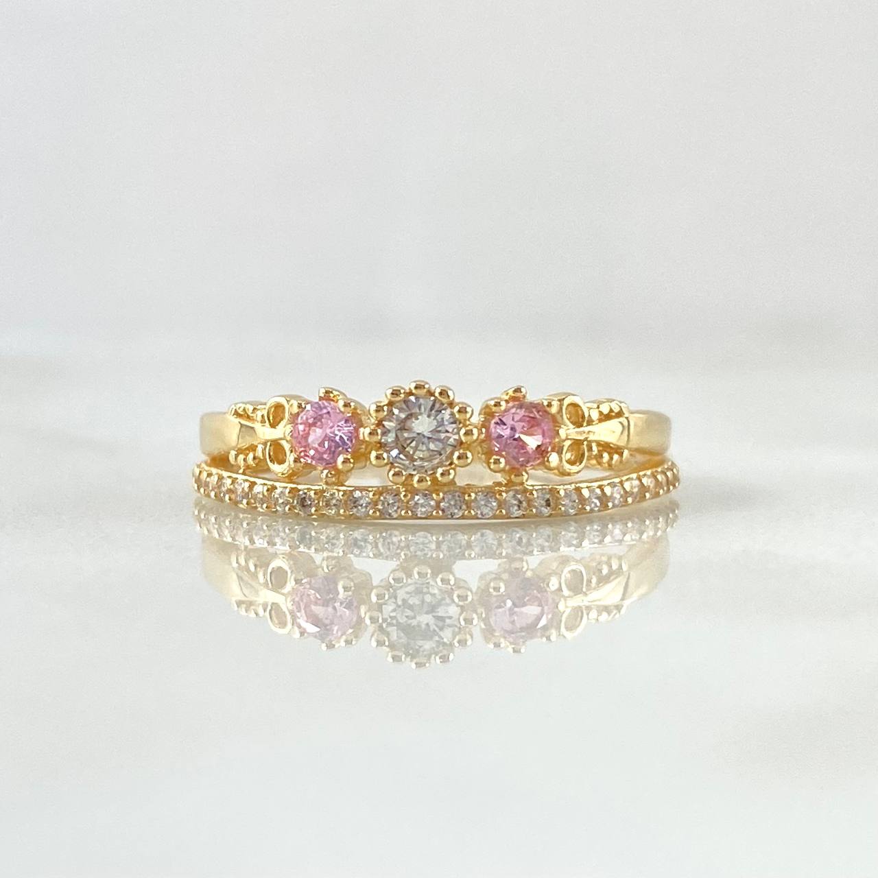 Anillo Corona 15s Pattek 2.55gr / T6 1/2 / Circones Blancos Rosados Oro Amarillo 18K