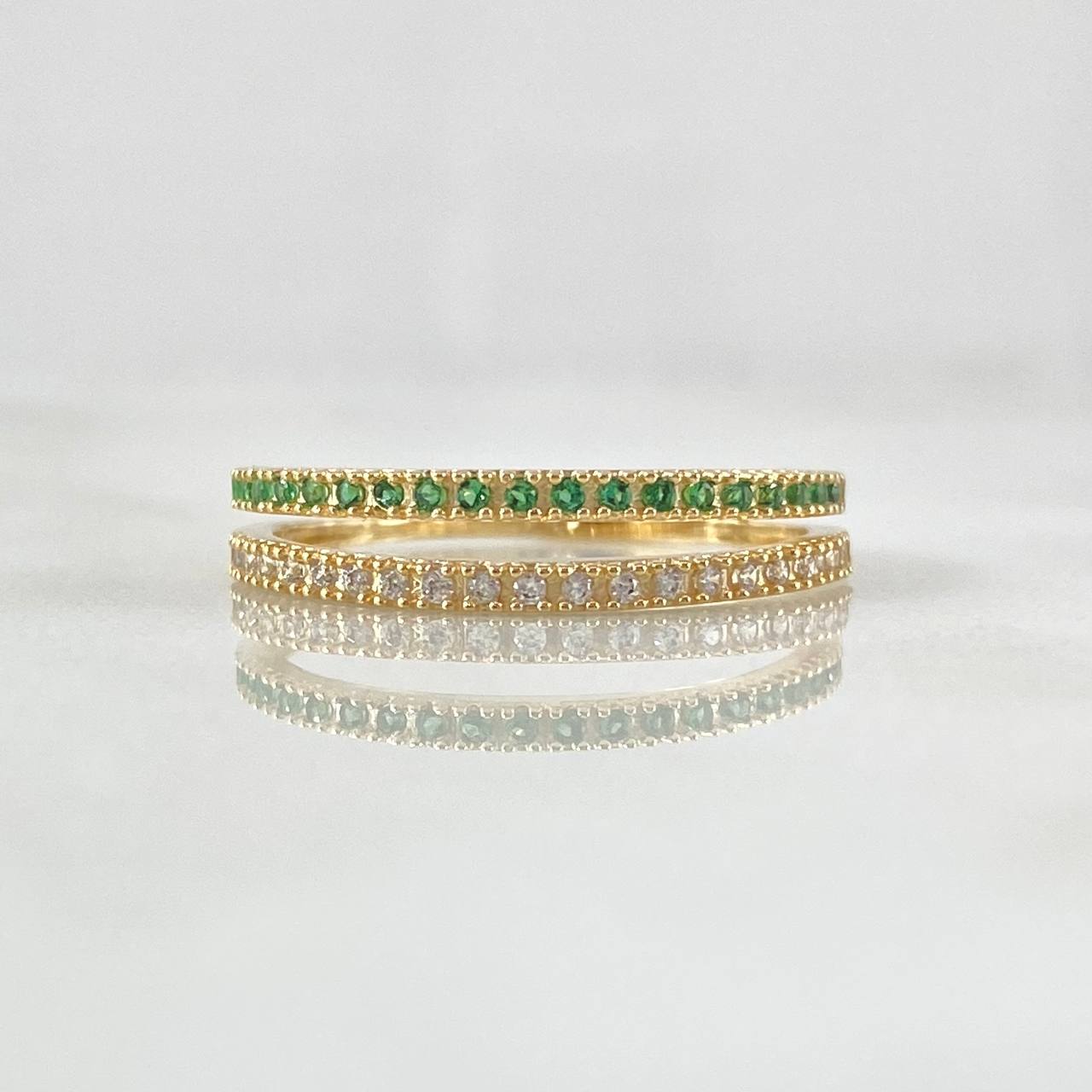 Double Rail Churumbela Ring 2.05gr / T7 / White Green Zircons Yellow Gold 18K *