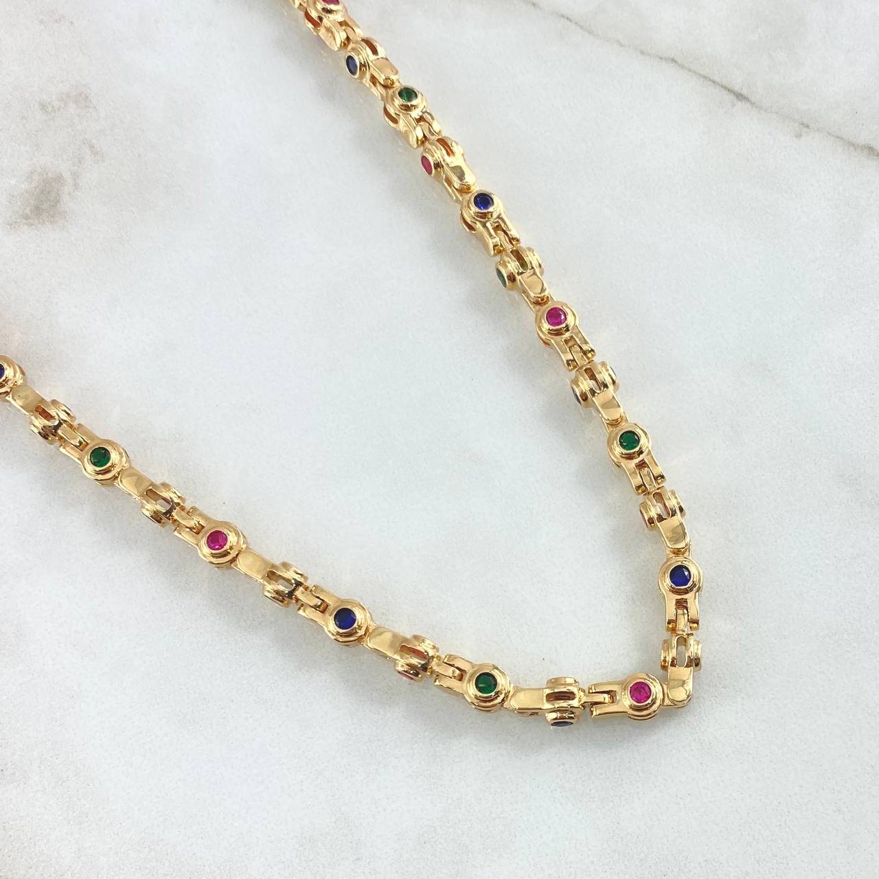 Rustic Chain Bubbles 92.95gr / 65cm / 5.2mm Blue Green Fuchsia Zircons Yellow Gold 18K ©