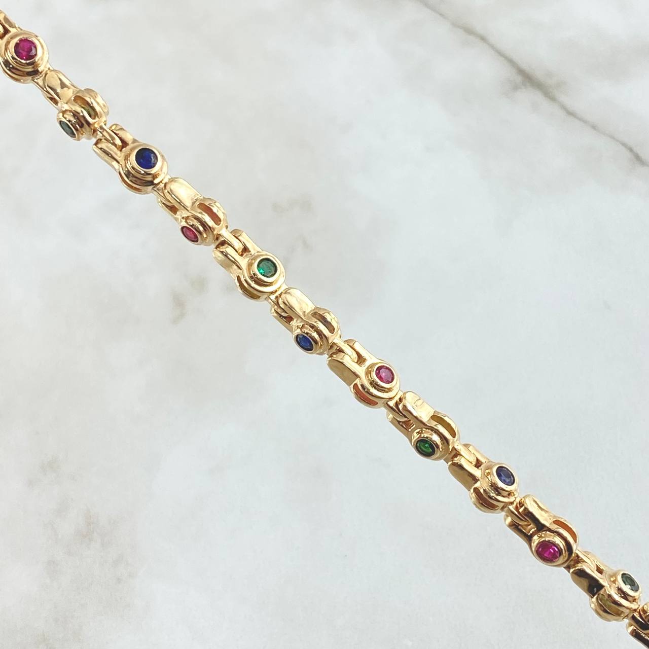 Rustic Chain Bubbles 92.95gr / 65cm / 5.2mm Blue Green Fuchsia Zircons Yellow Gold 18K ©