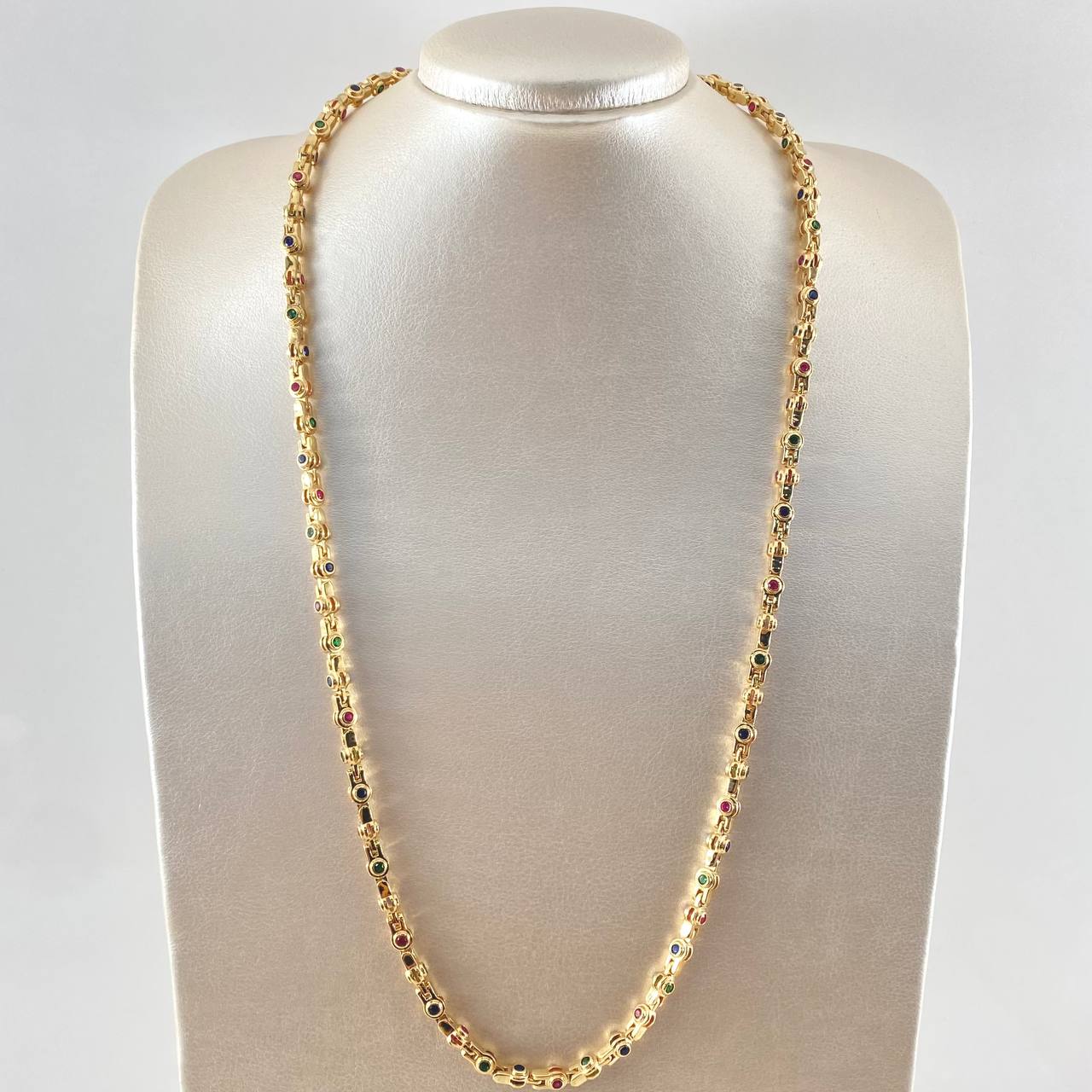 Rustic Chain Bubbles 92.95gr / 65cm / 5.2mm Blue Green Fuchsia Zircons Yellow Gold 18K ©