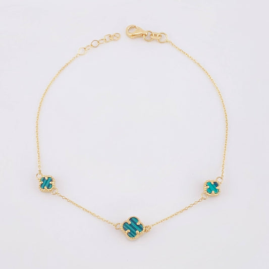 Pulso Trebol Malaquita Verde 2.3gr / 7 3/4 in / 1mm Oro Amarillo Nac.Esp. 18K *