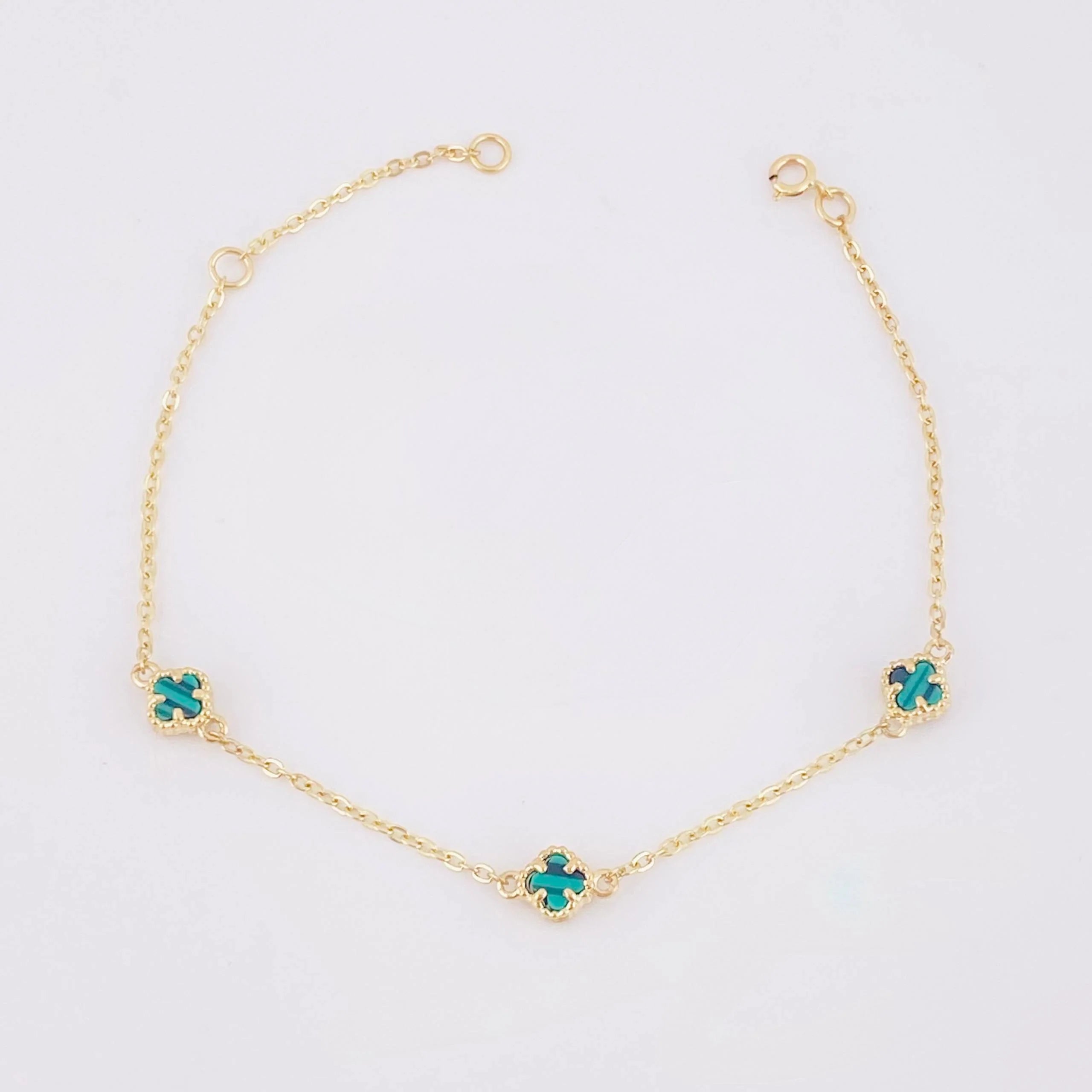Modular Clover Green Malachite Bracelet 3.45 g / 6 3/4 in - 6 in / 1.4 mm 18K Yellow Gold