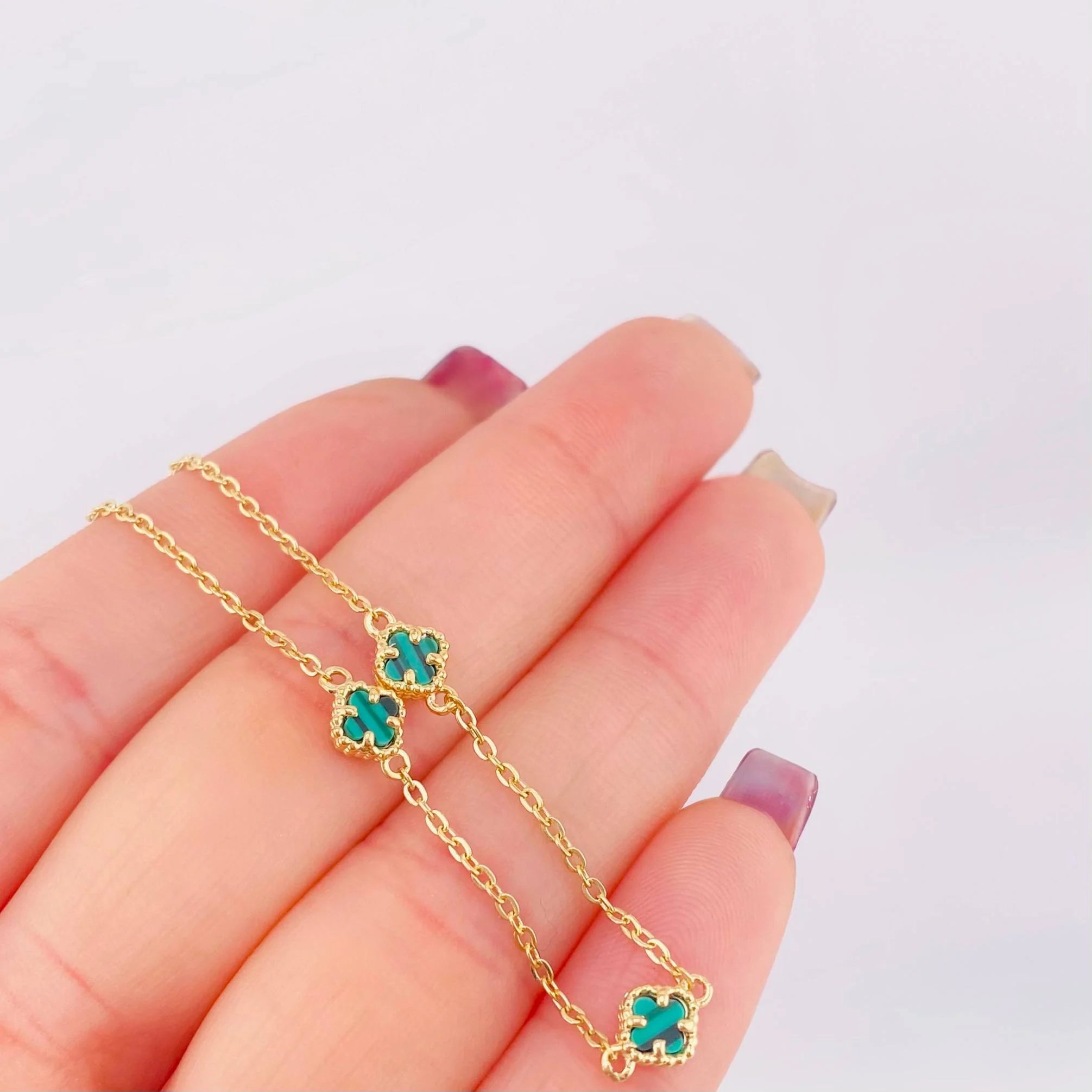 Adjustable Green Malachite Clover Bracelet 2.15 g / 6 3/4 in - 6 in / 1.36 mm Yellow Gold 18K