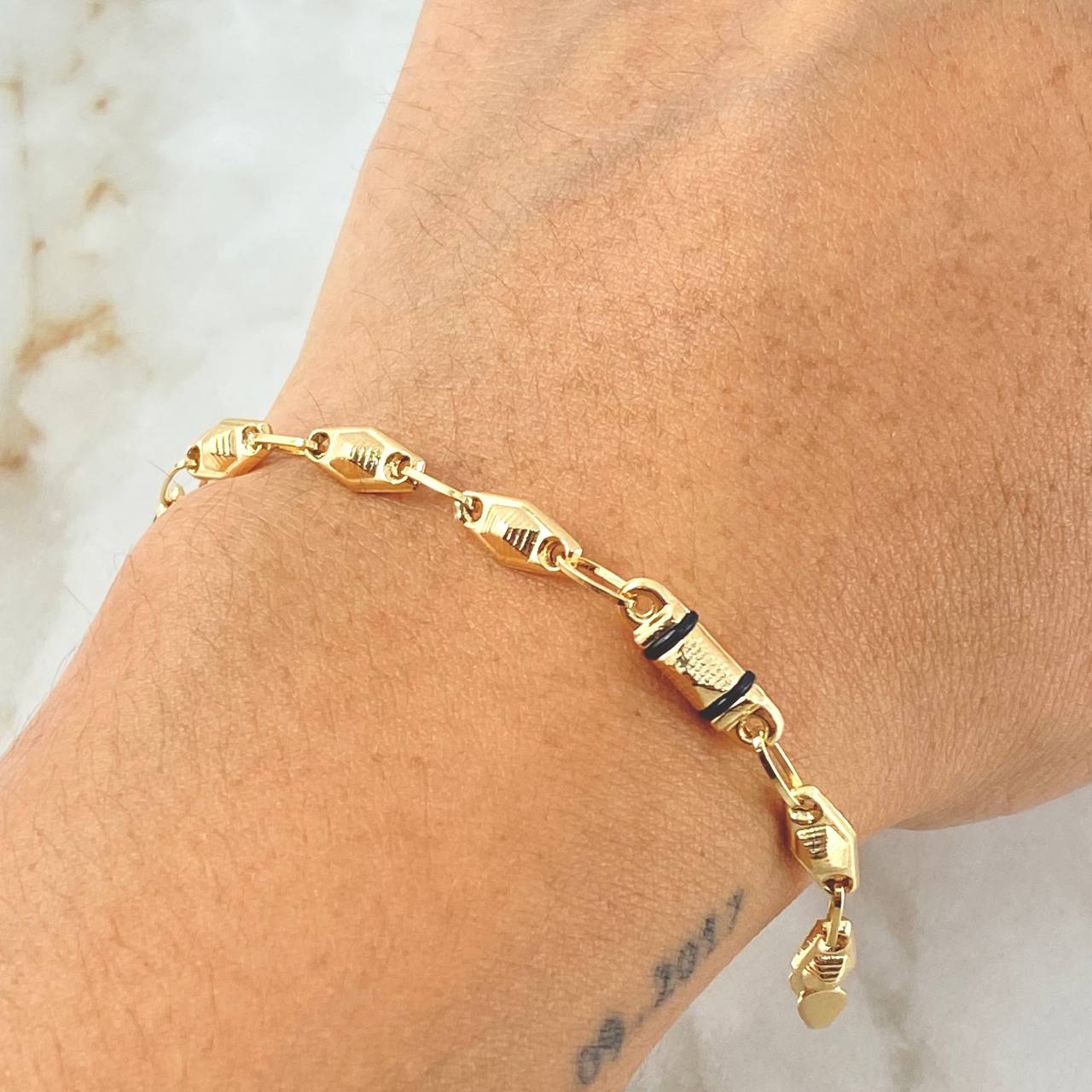 Bracelet Rhombuses 3x1 Black Rubber 3.95gr / 20cm / 18K Yellow Gold