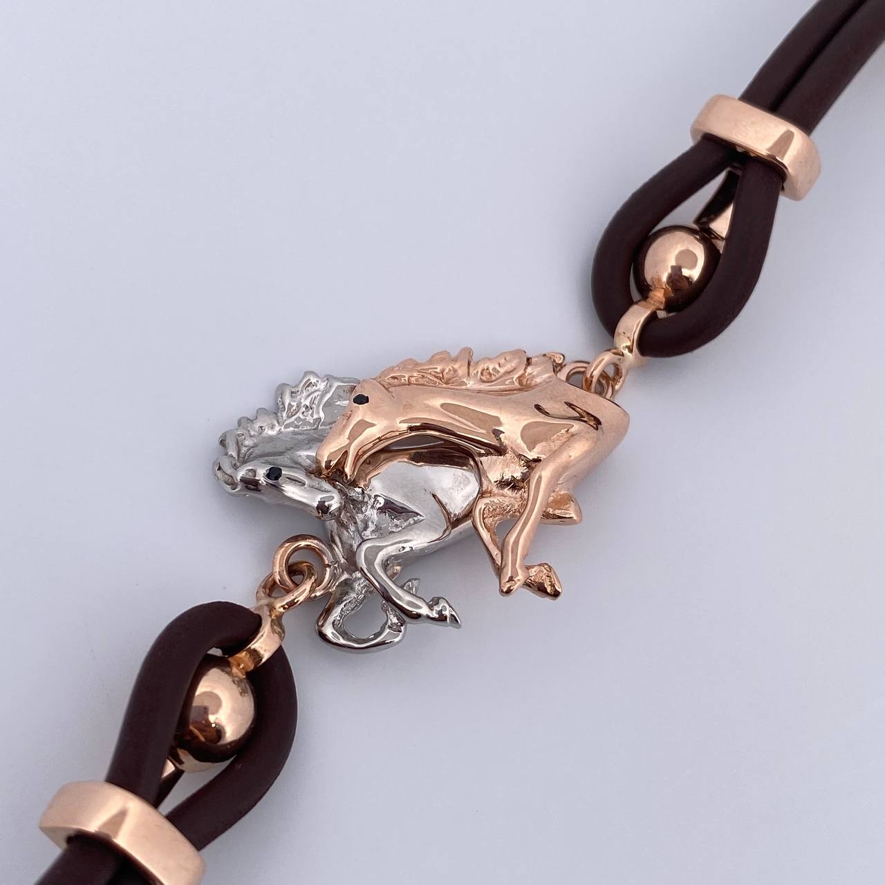 Bracelet Horses 24.7gr / 17.7cm / Brown Rubber Black Zircons Two Gold White Pink 18K &