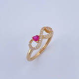 Anillo Infinito Corazon 2.4gr / T7 1/2 / Circones Fucsia Blancos Oro Amarillo 18K $
