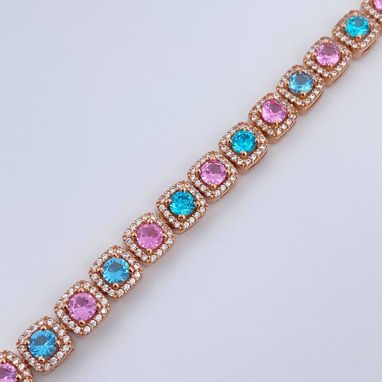 Bracelet Tennis Halo 21.8gr / 18cm / 6.8mm Pink Blue White Zircons Rose Gold 18K $
