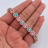 Bracelet Tennis Halo 21.8gr / 18cm / 6.8mm Pink Blue White Zircons Rose Gold 18K $