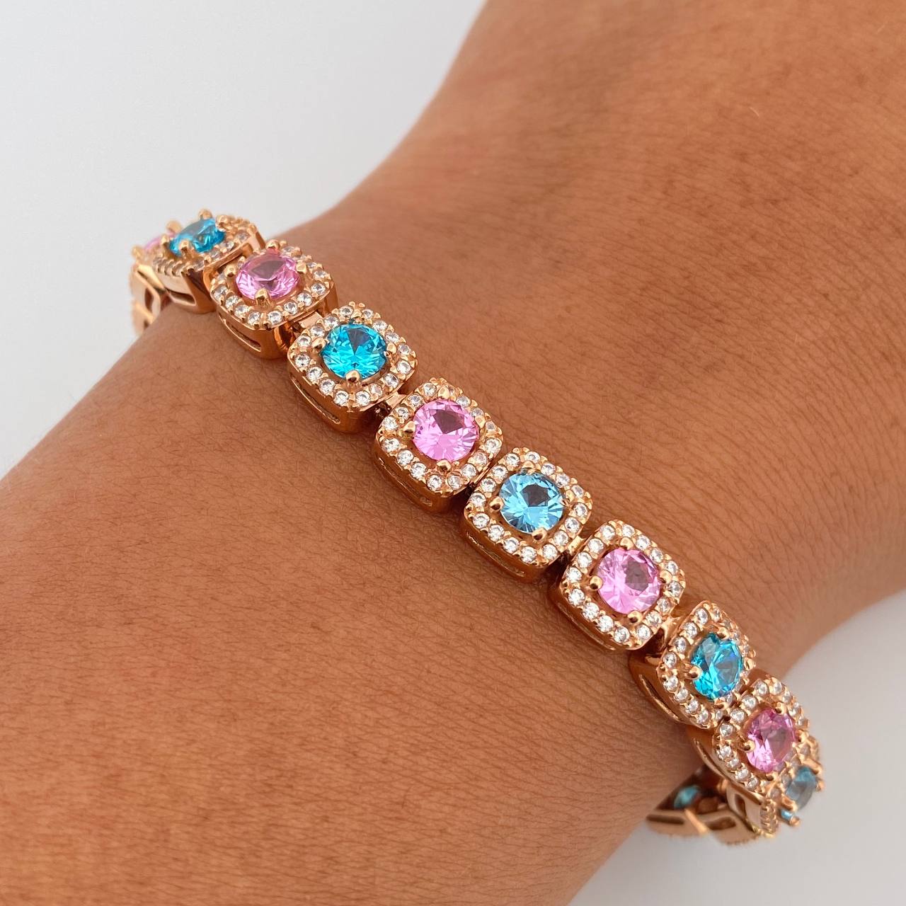 Bracelet Tennis Halo 21.8gr / 18cm / 6.8mm Pink Blue White Zircons Rose Gold 18K $