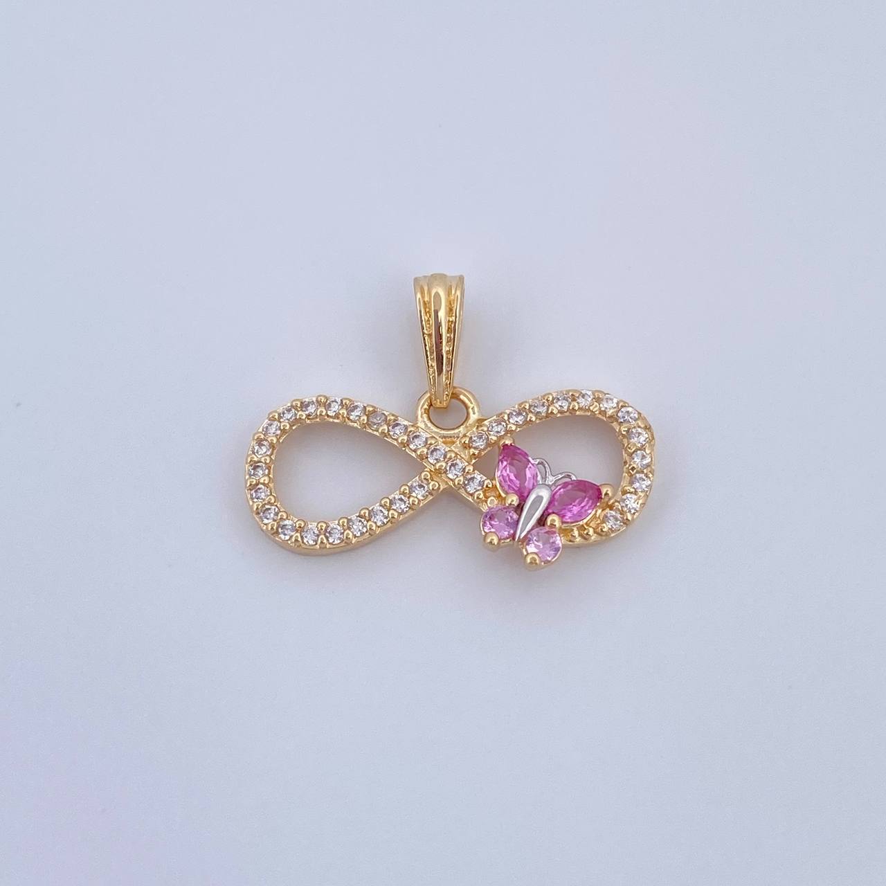 Pendant Infinite Thick Butterfly 1.65gr / 2.1cm / Pink Fuchsia White Zircons Two Golds Yellow White 18K $