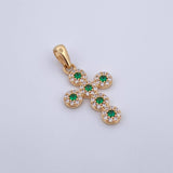 Pendant Thick Cross 2.2gr / 3cm / Green White Zircons Yellow Gold 18K $