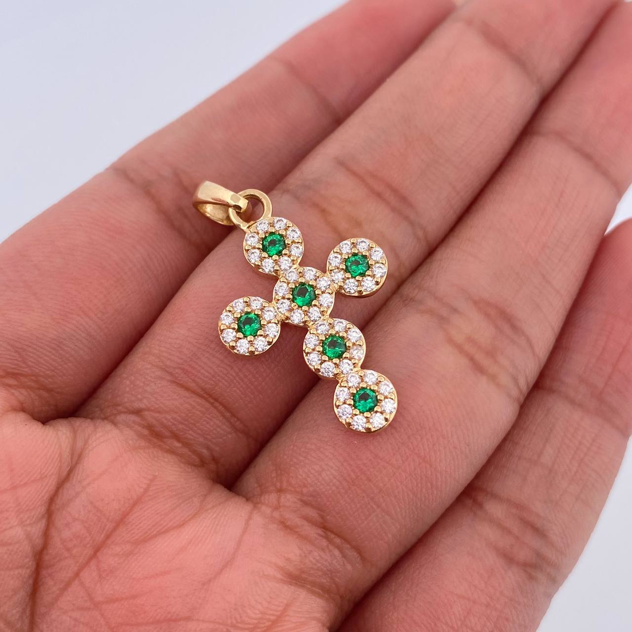 Pendant Thick Cross 2.2gr / 3cm / Green White Zircons Yellow Gold 18K $