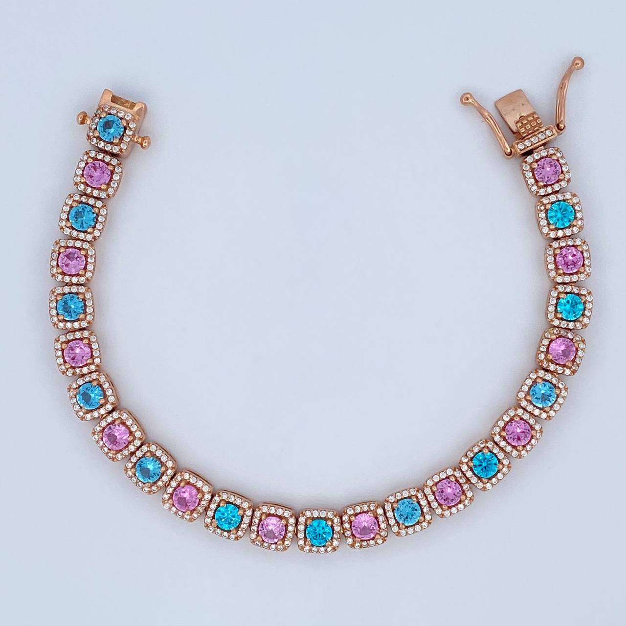 Bracelet Tennis Halo 21.8gr / 18cm / 6.8mm Pink Blue White Zircons Rose Gold 18K $