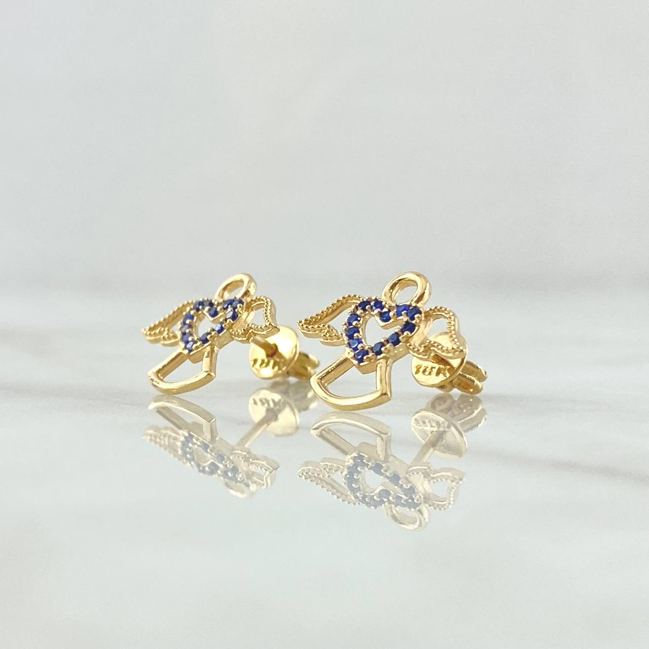 Stud Earrings Angel Silhouette Heart 2.05gr / 1.1cm / Blue Zircons 18K Yellow Gold ©