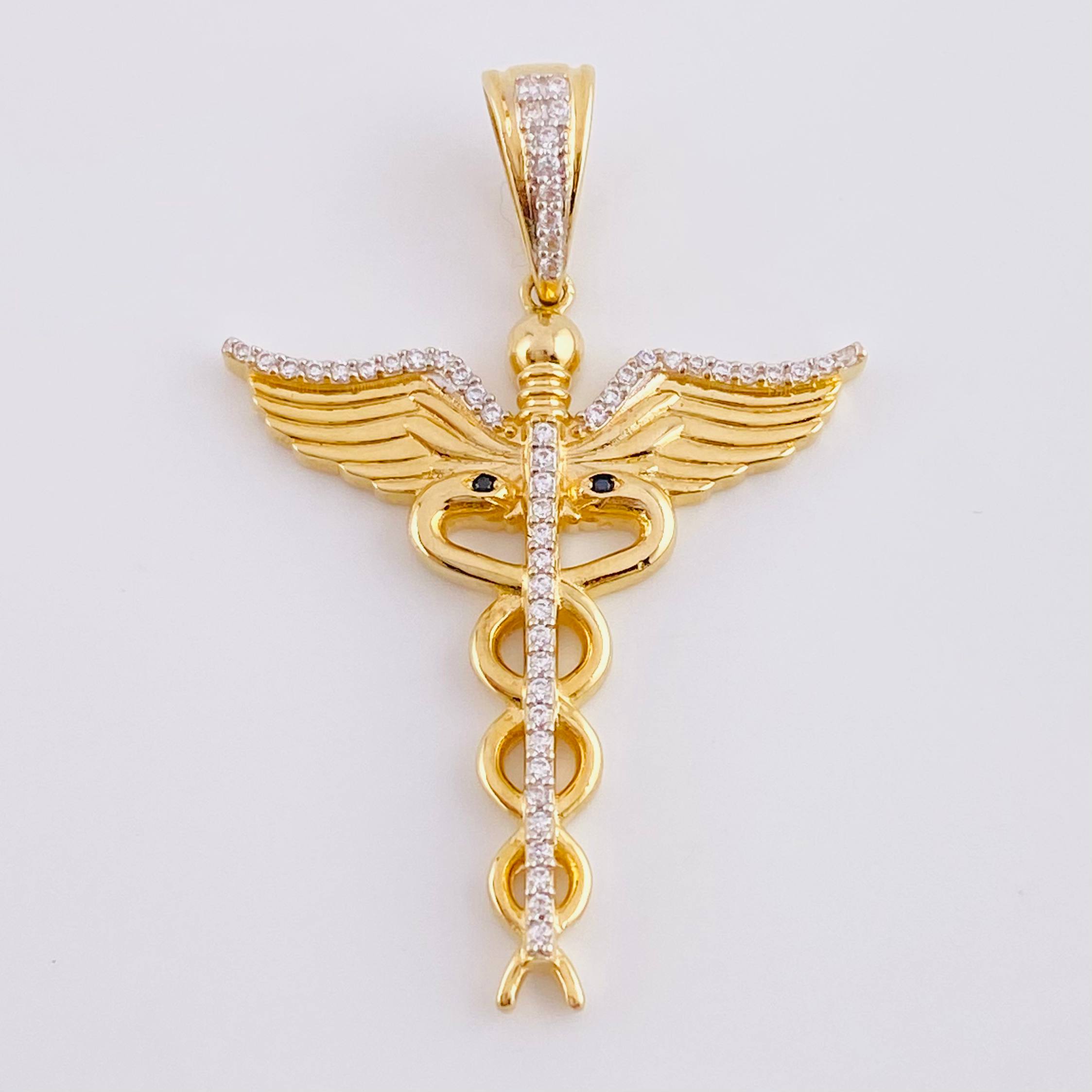 Dije Caduceo Serpiente 5.8 g / 1 3/4 in Dos Oros Amarillo Blanco 18K