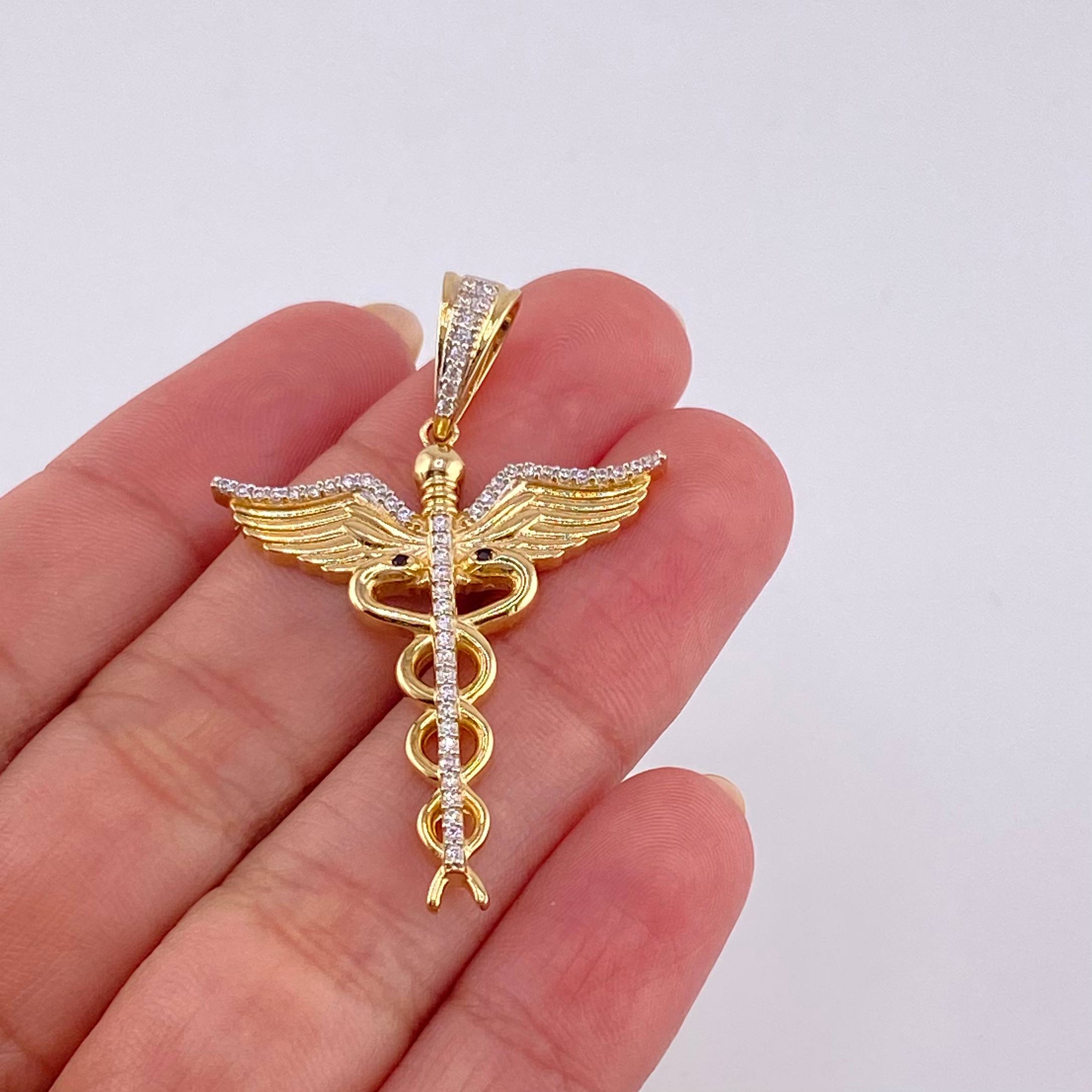 Dije Caduceo Serpiente 5.8 g / 1 3/4 in Dos Oros Amarillo Blanco 18K