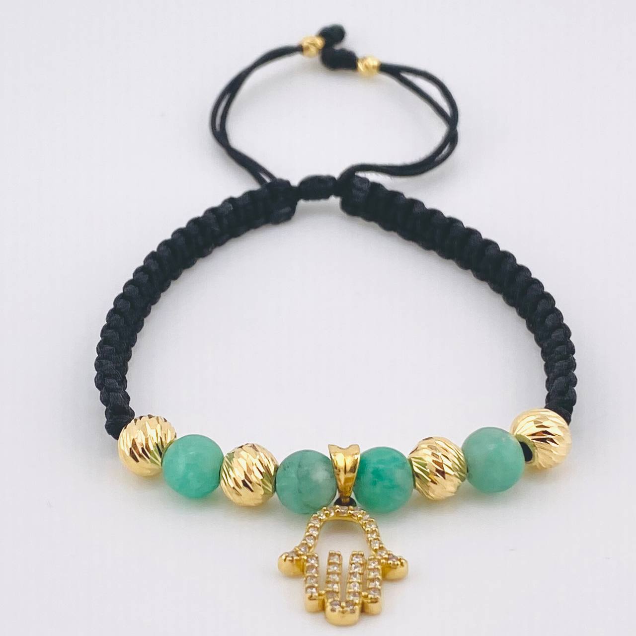 Pulsera Negra Dije Mano Hamsa 1.95gr / 6mm-3mm Oro Amarillo 18K *