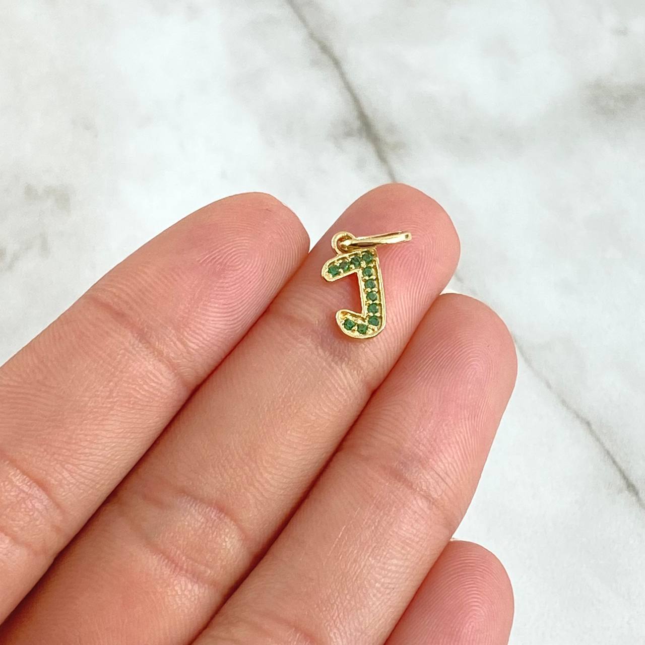 Pendant Letter J 0.55gr / 1.7cm / Green Zircons 18K Yellow Gold
