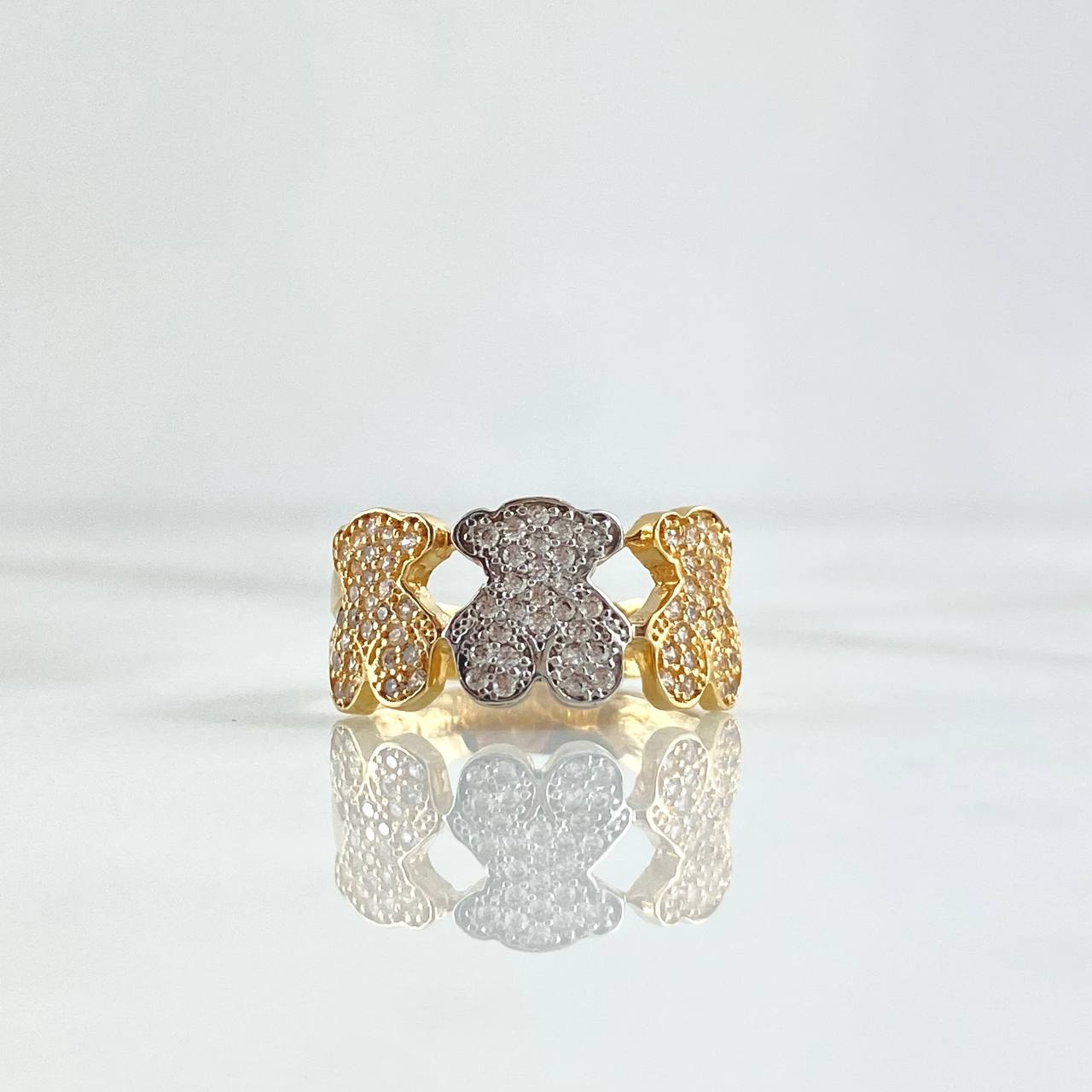 Trio Bears Ring TS 3.15gr / Size 6 3/4 / White Zircons Two 18K Yellow and White Golds