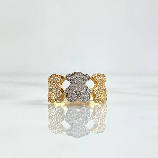 Trio Bears Ring TS 3.15gr / Size 6 3/4 / White Zircons Two 18K Yellow and White Golds