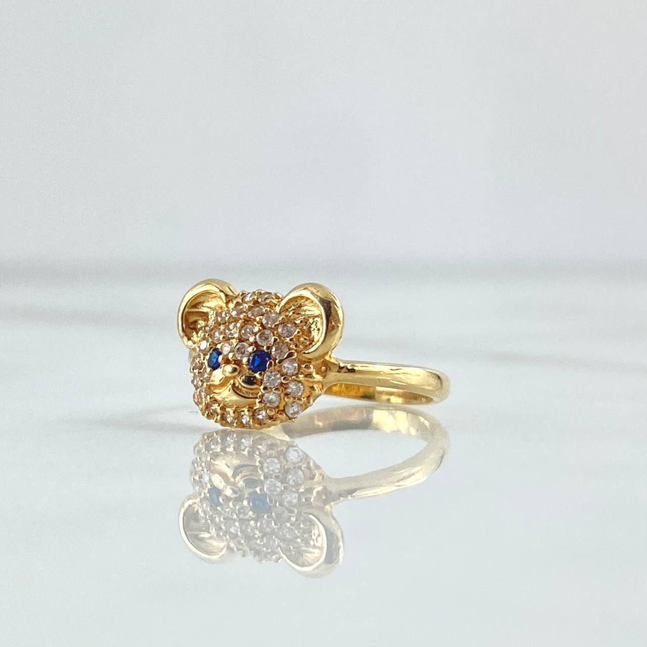 Bear Face Ring 2.05gr / Size 3 1/2 / White Zircons - Blue Eyes 18K Yellow Gold