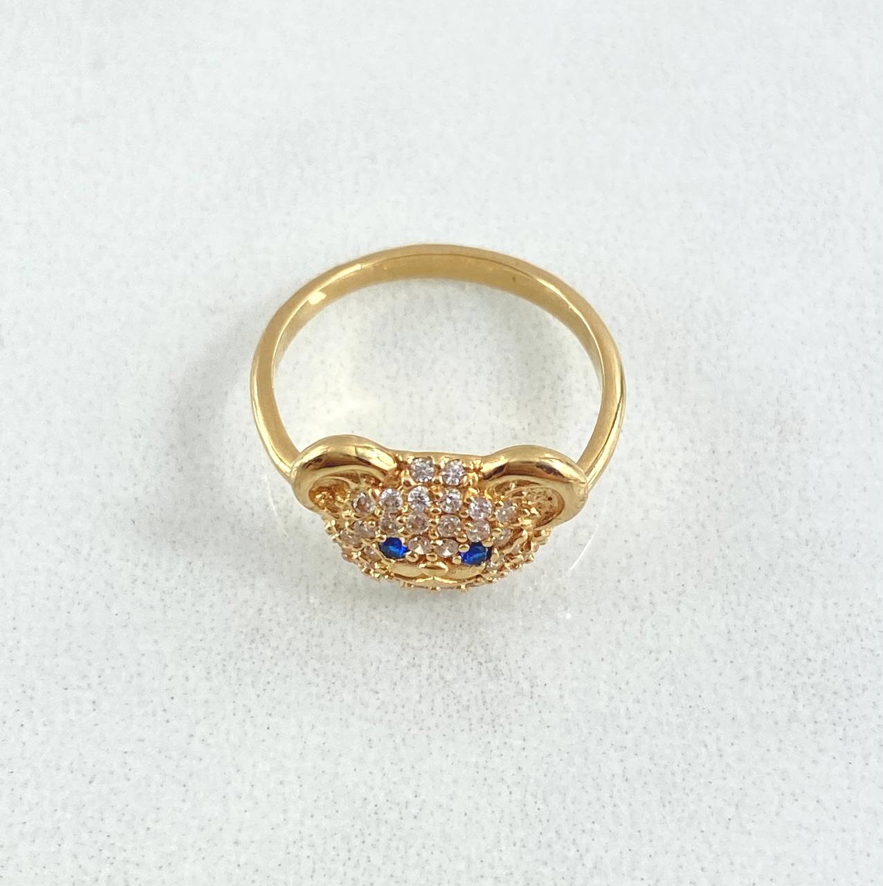 Bear Face Ring 2.05gr / Size 3 1/2 / White Zircons - Blue Eyes 18K Yellow Gold