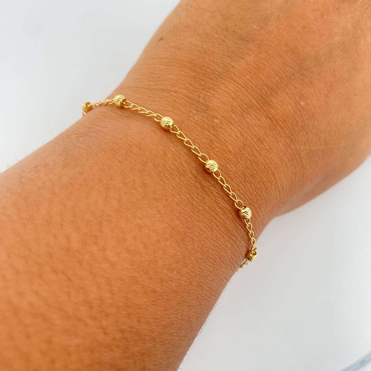Bracelet Military Type Ring Followed 1.8gr / 19.5cm / 3mm Beads Diamond Cut Yellow Gold 18K &