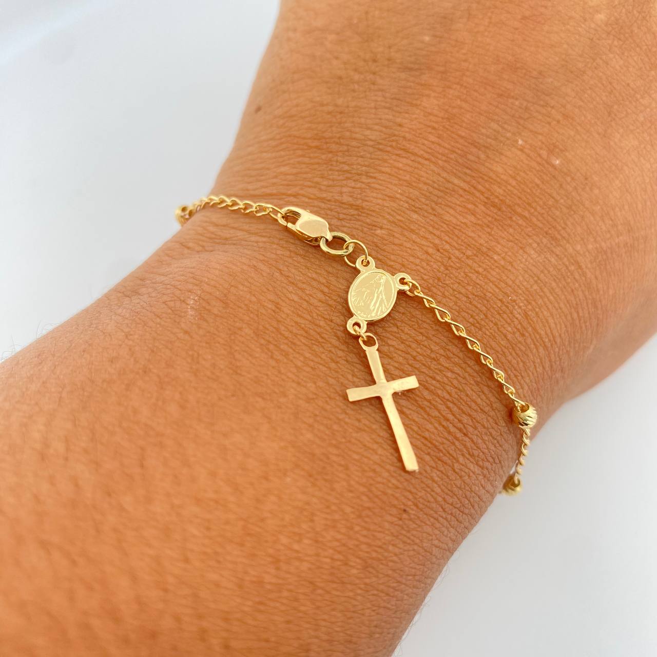 Bracelet Virgin Milagrosa Denarius 2.45gr / 20.6cm / 3mm Beads Diamond Cut 18K Yellow Gold &