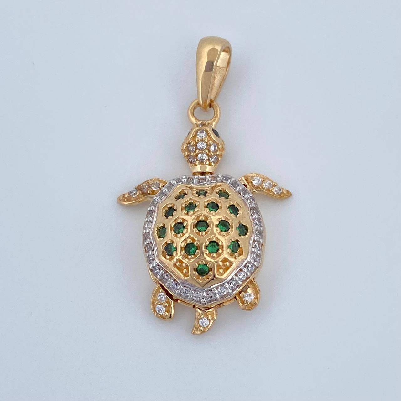 Pendant Articulated Turtle 4.1gr / 3cm / White Green Zircons Two Yellow White Gold 18K $