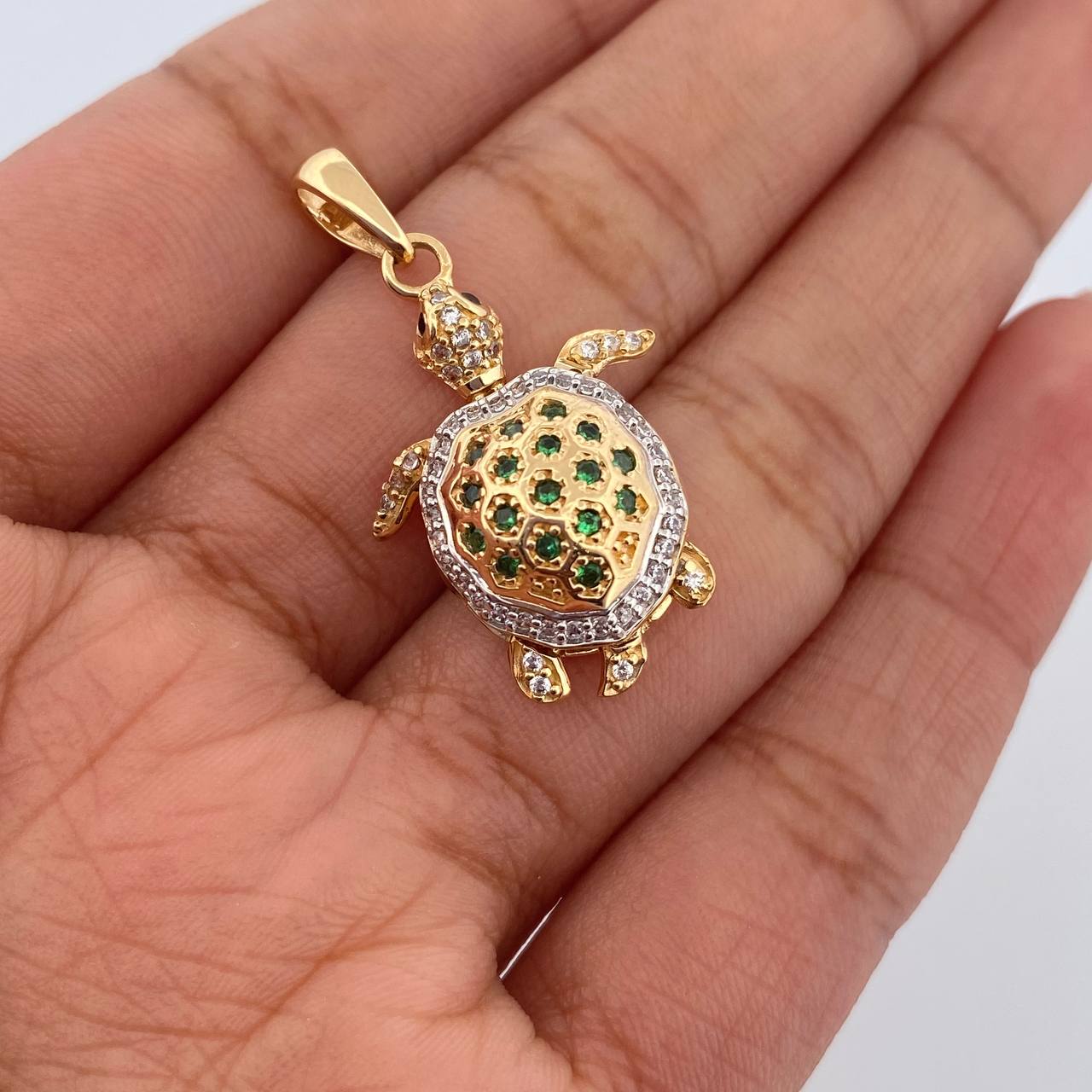 Pendant Articulated Turtle 4.1gr / 3cm / White Green Zircons Two Yellow White Gold 18K $